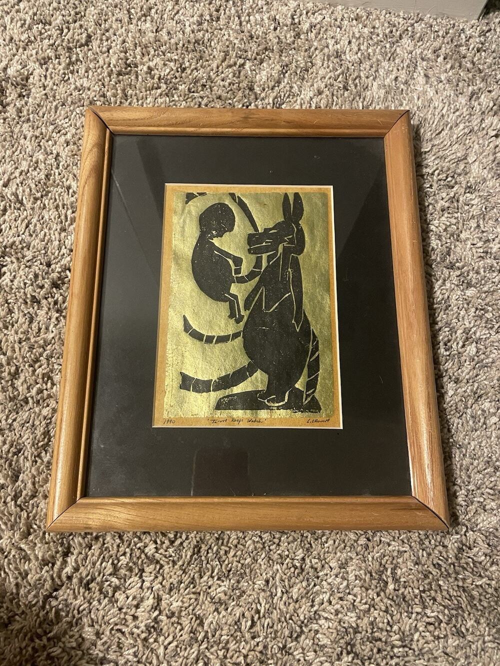 “Ta-urt Keeps Watch” L. Croutt Art Linocut Print Signed Black Gold Vintage 1990